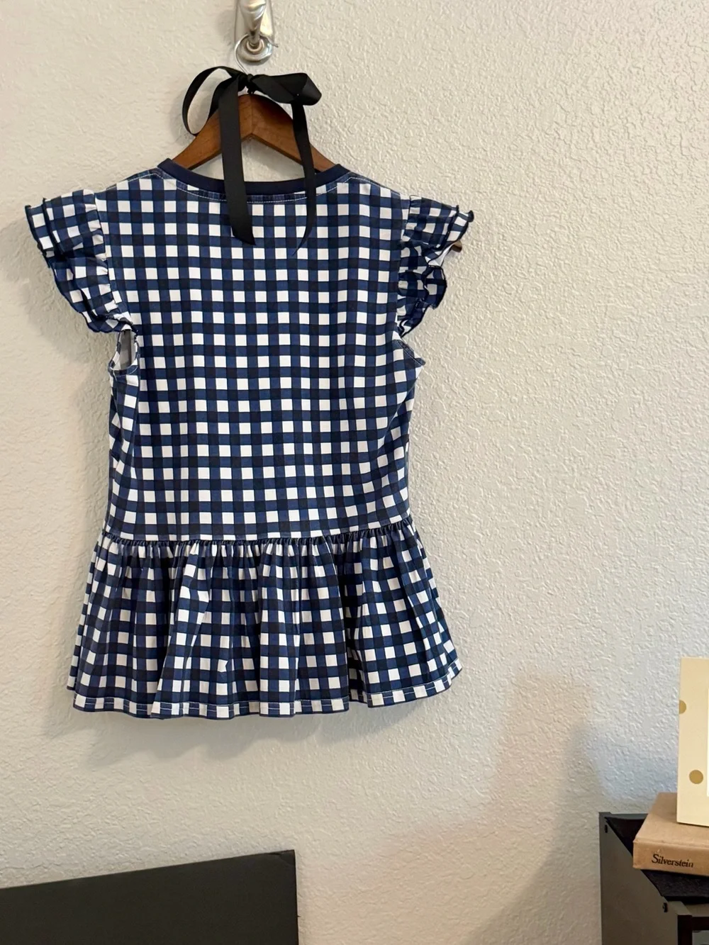 kate spade Navy and White Gingham Ruffle Sleeve Peplum Top